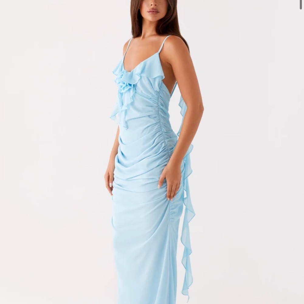 Peppermayo Light Blue Backless Ruffle Slip Dress